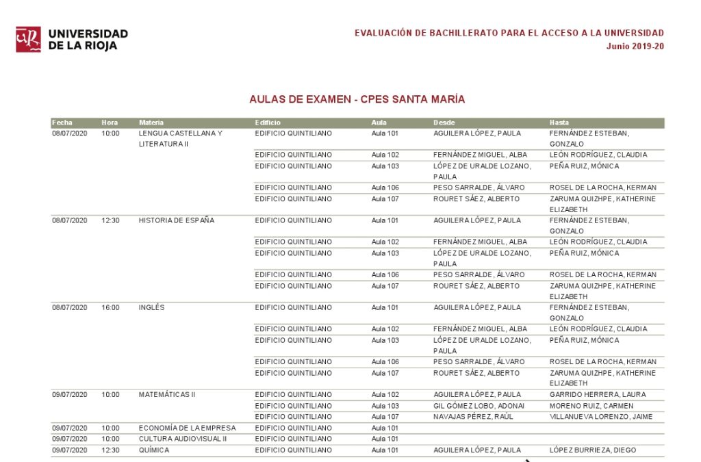 Aulas de examen EBAU 2020 Bachillerato Santa María