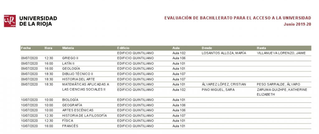 Aulas de examen EBAU 2020 Bachillerato Santa María bis